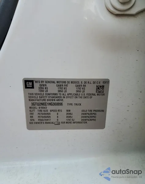 2017 GMC Sierra K1500 Slt z USA, uszkodzony, nr VIN 3GTU2NEC1HG360896